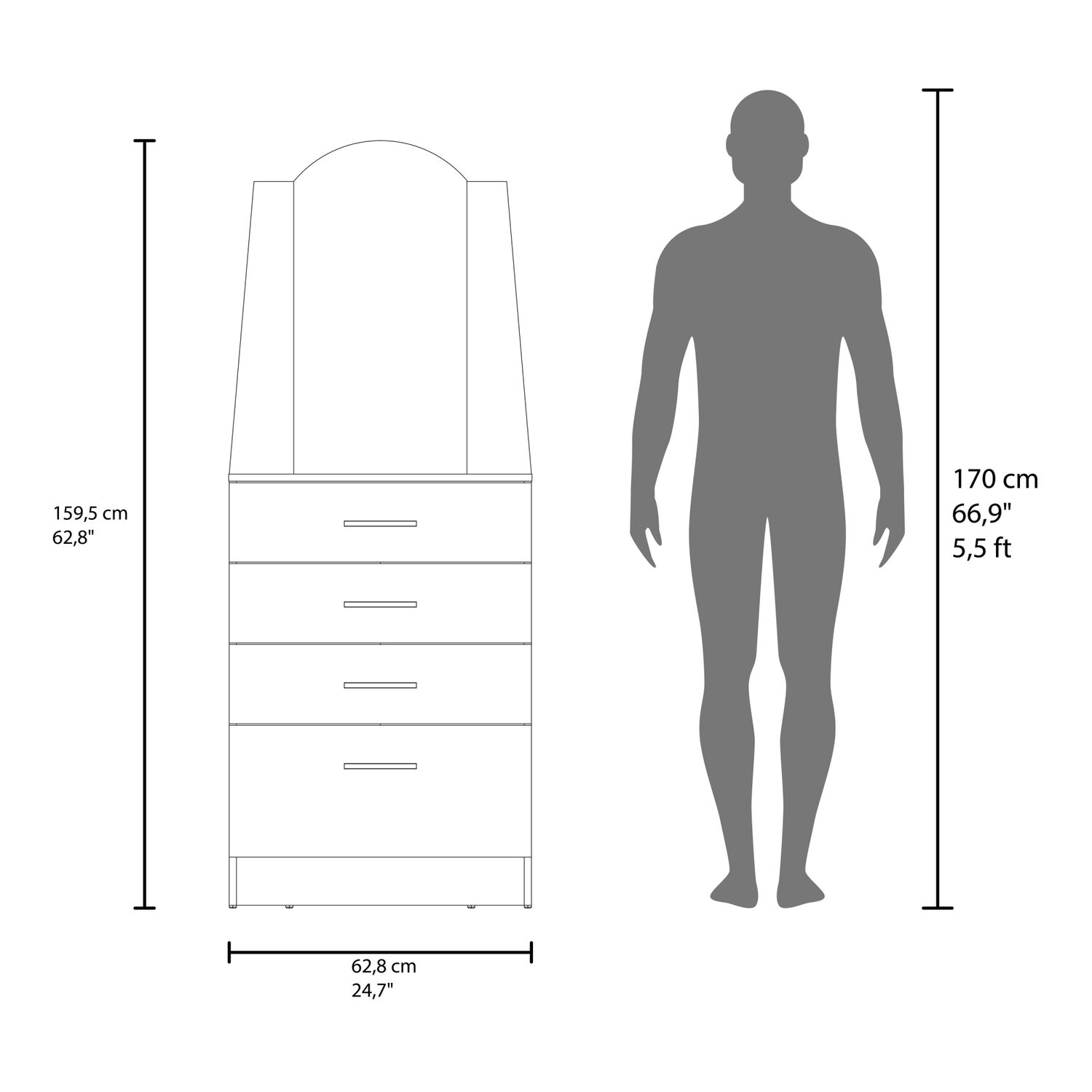 Comoda Con Espejo 159.5x62.8x35.3 Cm 3 Cajones 1 Puerta image number 8.0
