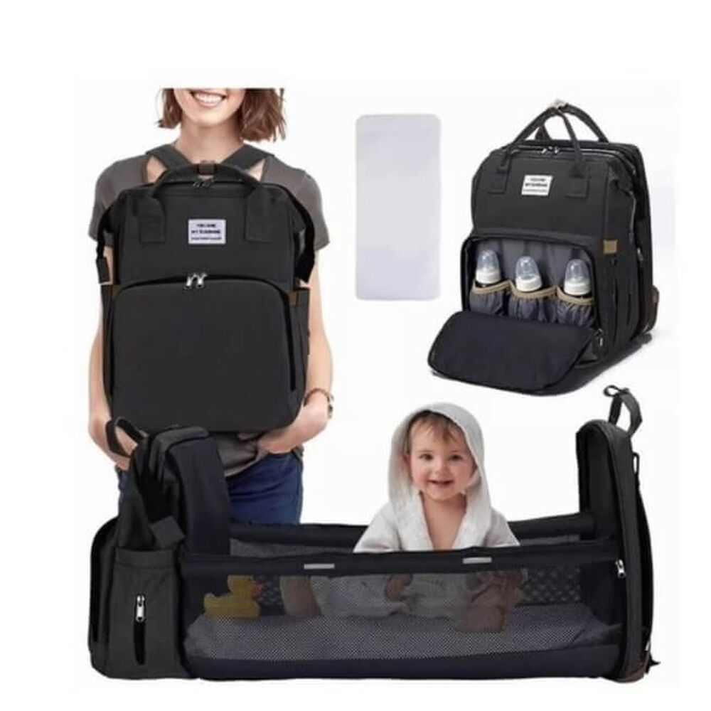 Mochila 3 En 1 Pañalera Cuna Y Mudador Portátil Para Bebés Color Negro image number 0.0
