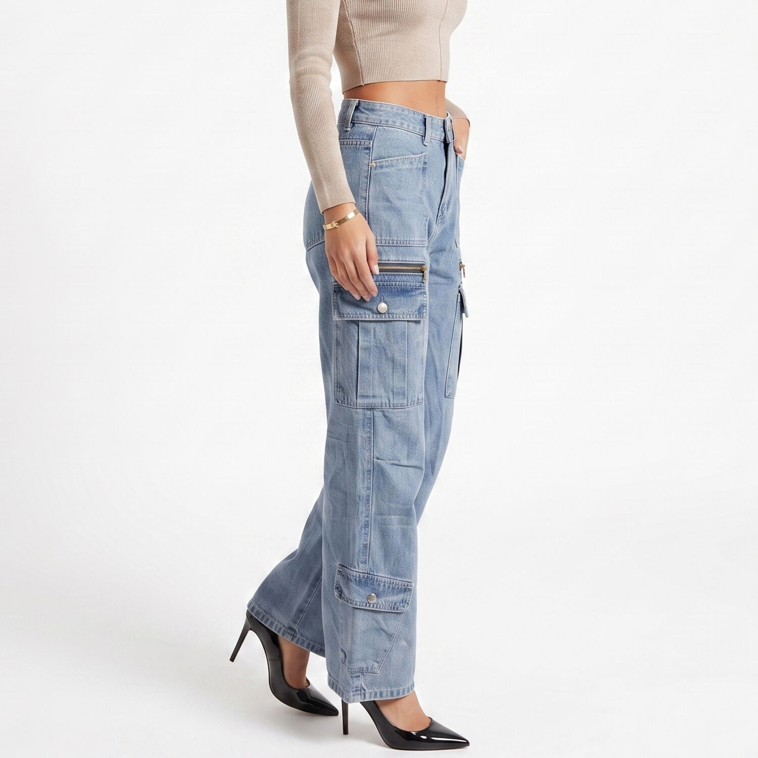 Pantalon Jeans Denim Cargo Wide Leg Mujer Oporto image number 1.0
