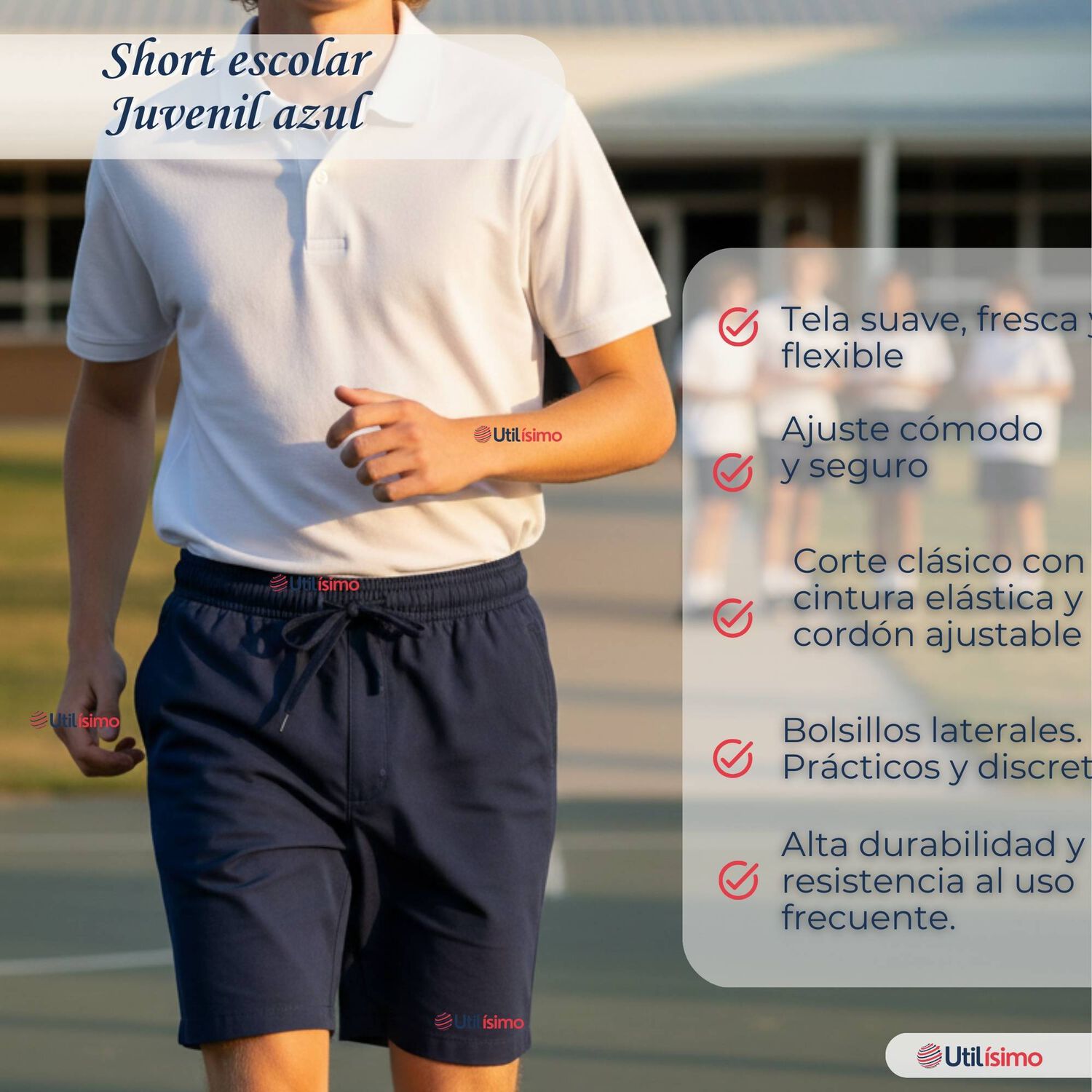 Pantal&oacute;n Corto Short Juvenil Algod&oacute;n Deportivo Escolar Azul Marino image number 2.0