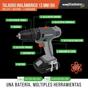 Taladro Inalambrico 13mm 18v 1bat Tp 613/18 C1 - Gladiator