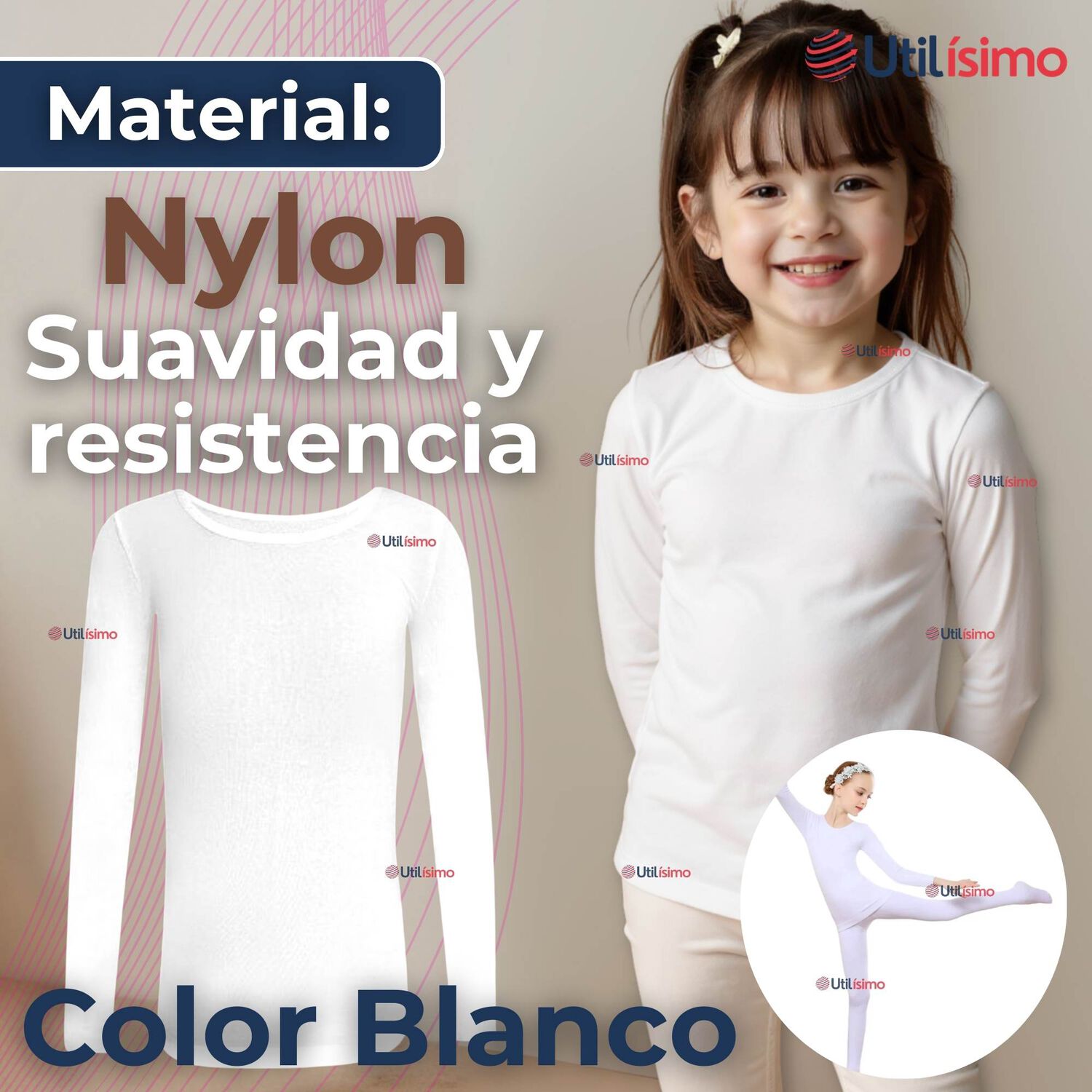 Camiseta De Panty El&aacute;stica Manga Larga Segunda Piel Ni&ntilde;a Nylon Blanco image number 3.0