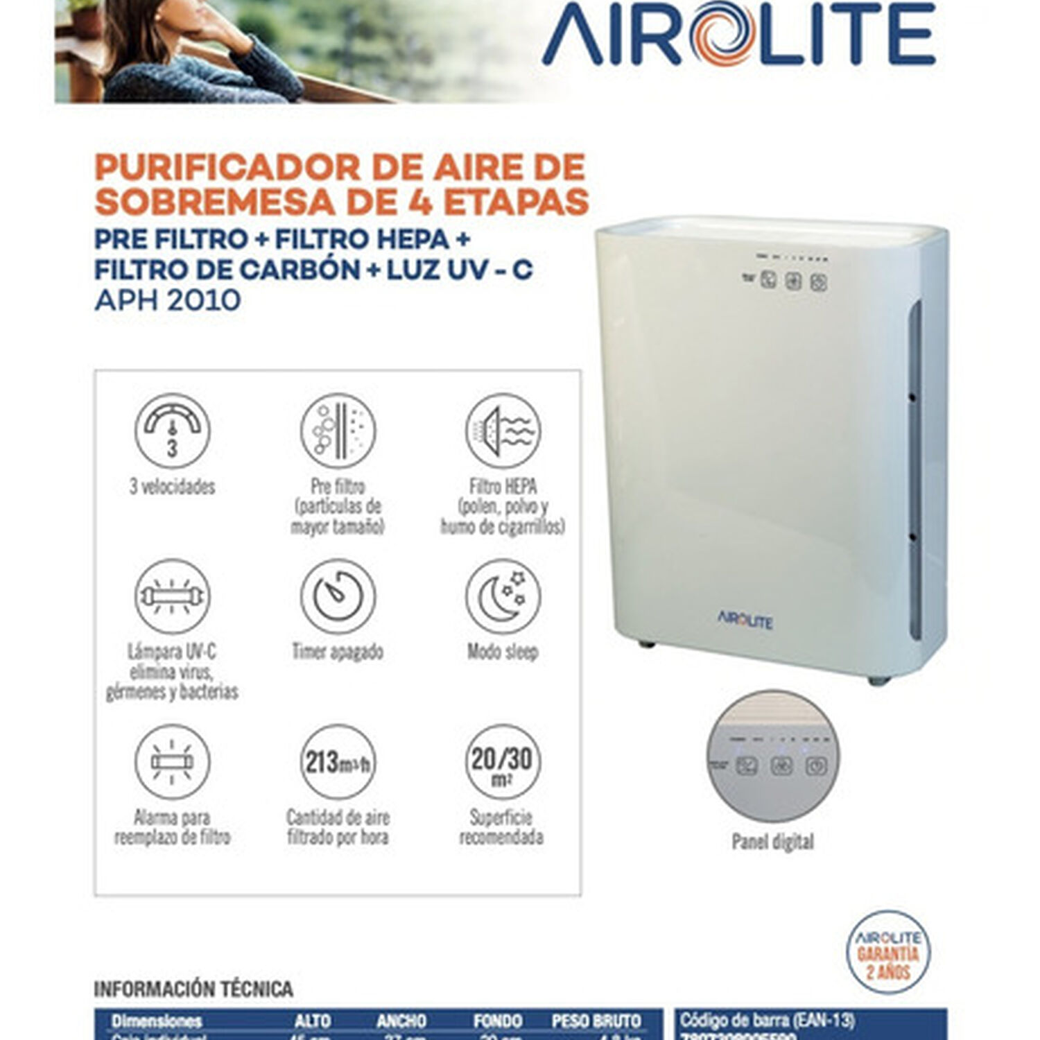 Purificador De Aire Airolite Torre Ap H2010 image number 2.0