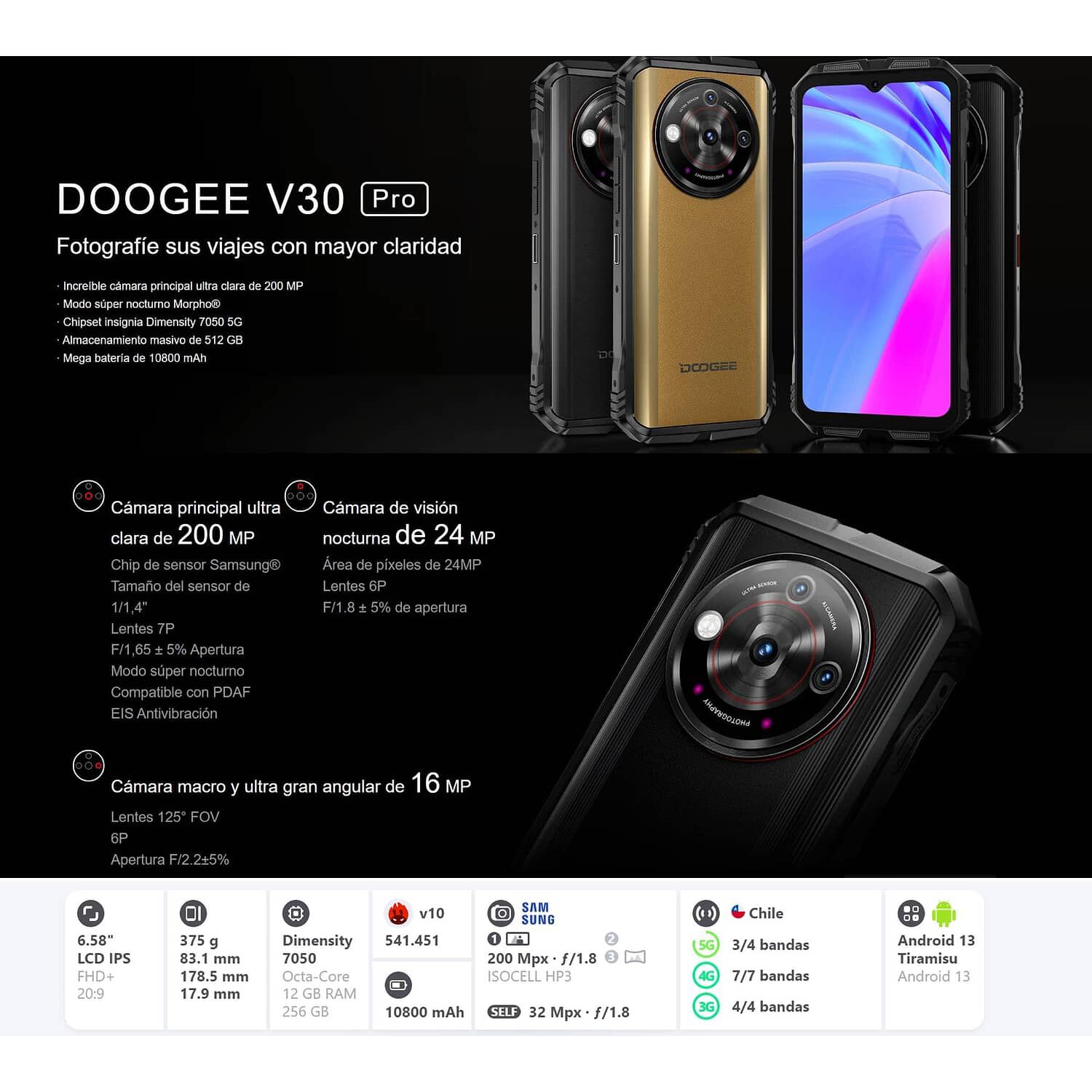 Doogee V30 Pro Resistente A Golpes, Polvo, Humedad Y Agua / Bater&iacute;a Potente, C&aacute;mara Visi&oacute;n Nocturna, Potente Parlante image number 3.0