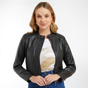 Chaqueta Ecocuero Con Detalles En Hombros Cuello Mao Mujer Kimera