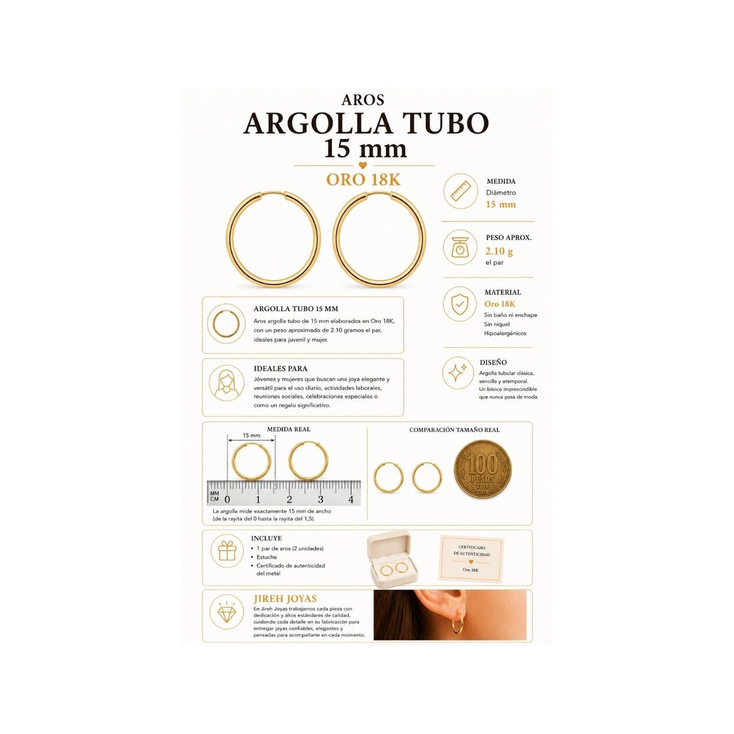 Aros Argolla Tubo 15mm Oro 18k 2.10gr Cl&aacute;sicas Regalo Mujer Dorado image number 5.0