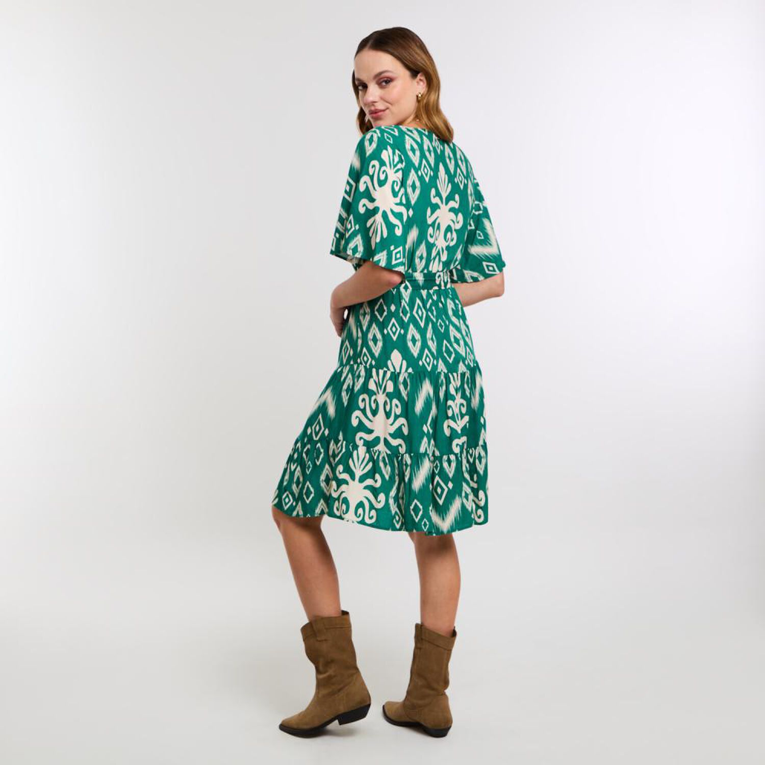 Vestido Full Print Maga Corta Con Vuelo Y Lazo En Cintura Mujer Kimera image number 3.0