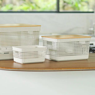 Cesta Organizadora Grid Con Tapa De Bamb&uacute; 2.5 L Blanco Oc&eacute;ano