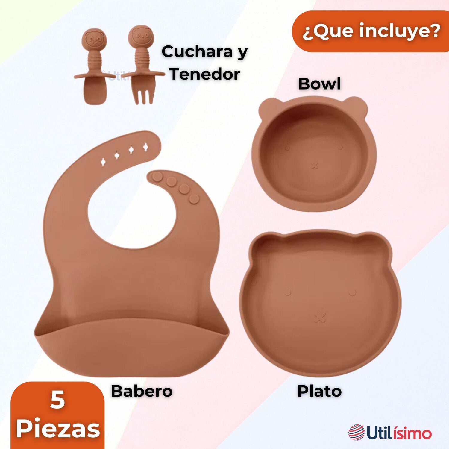 Set De Alimentaci&oacute;n Beb&eacute; Silicona 5 Piezas De Osito Libre Bpa Color Naranja image number 3.0
