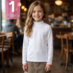 Polera Camiseta Bamb&uacute; Blanca Cuello Beatle Primera Capa Manga Larga Ni&ntilde;a