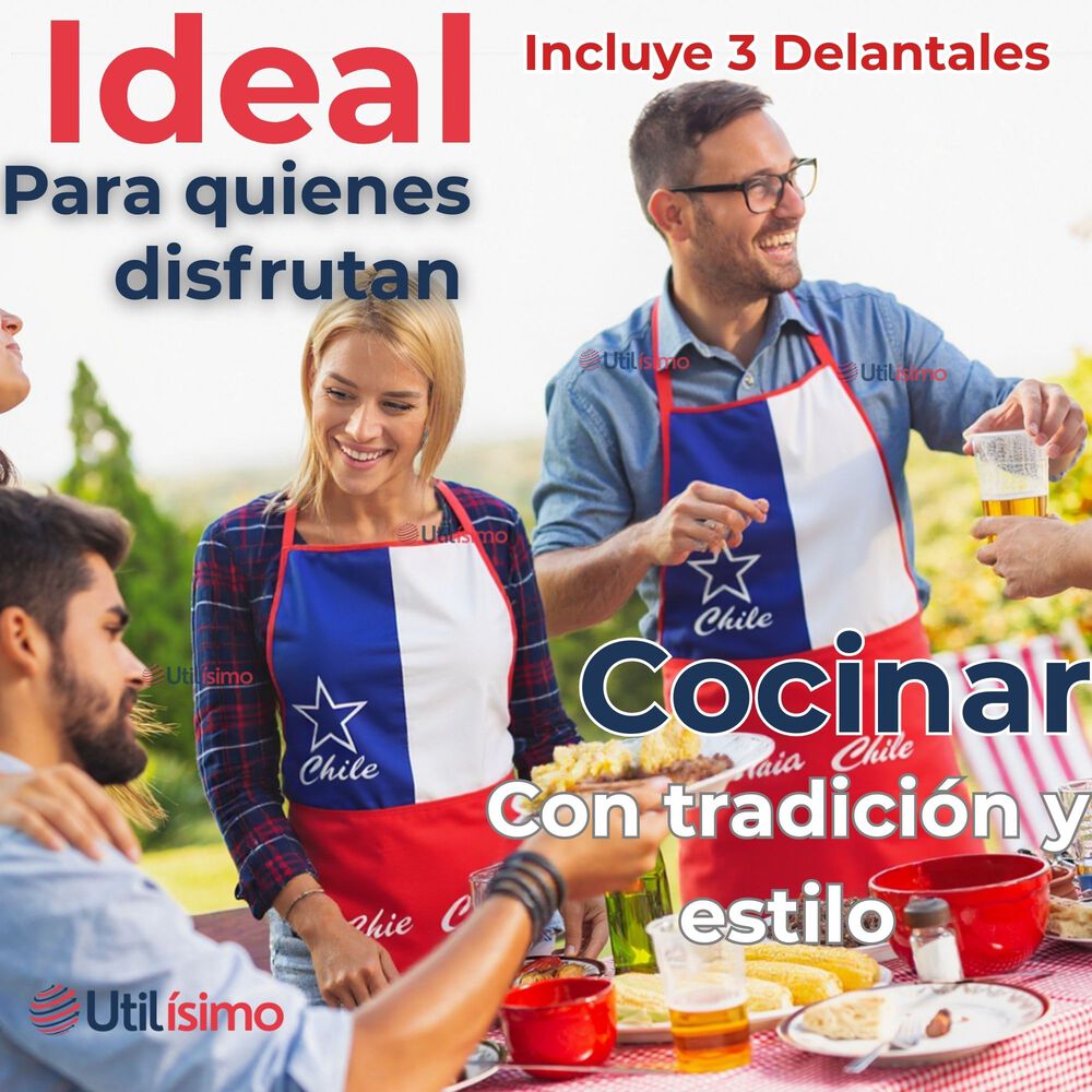 Pack 3 Delantal Cocina Fiestas Patrias Bandera Chile 60x90 Viva Chile image number 3.0