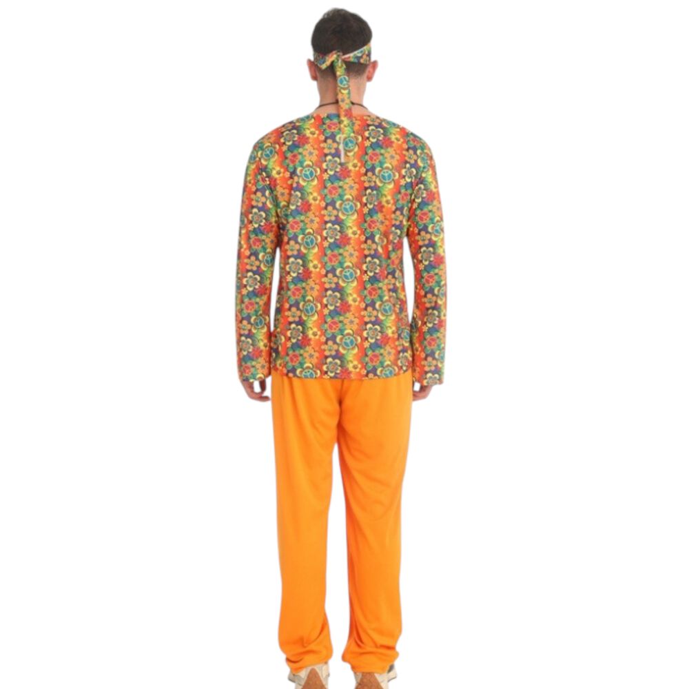 Disfraz Hippie Hombre Con Pantal&oacute;n Naranja Y Camisa Floreada Set Completo Para Fiestas Tem&aacute;ticas Y Disfraces Halloween image number 4.0