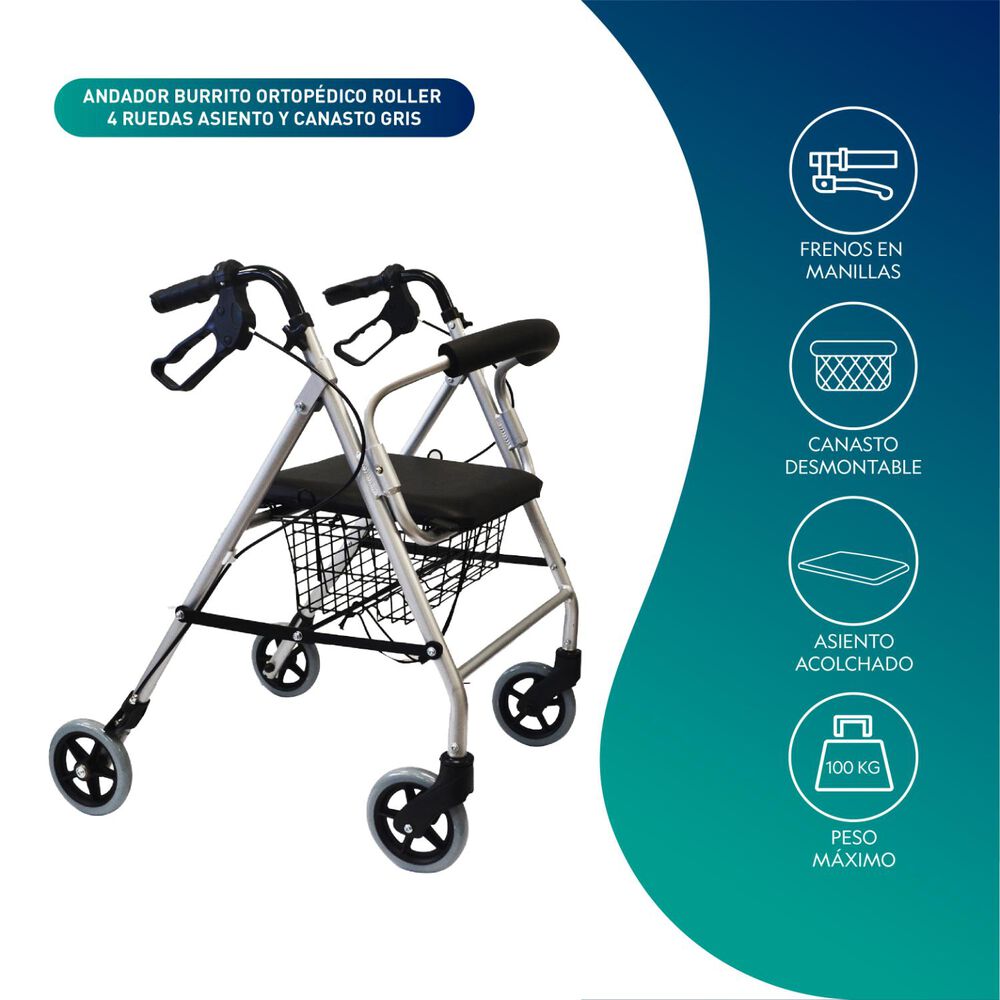 Andador Burro Ortopedico 4 Ruedas Asiento Y Canasto Gris image number 2.0
