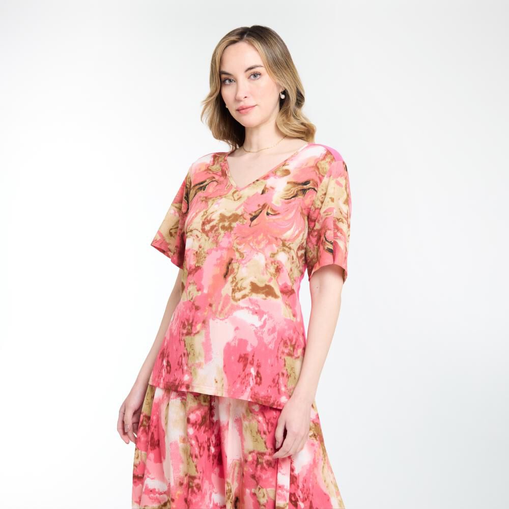 Blusa Doble Tela Print Frontal Manga Corta Con Amarras Cuello V Mujer Lesage image number 2.0