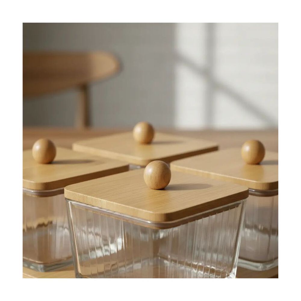 Set 4 Frascos De Vidrio Con Tapa De Bamb&uacute; Y Base De Madera Cuadrado image number 3.0
