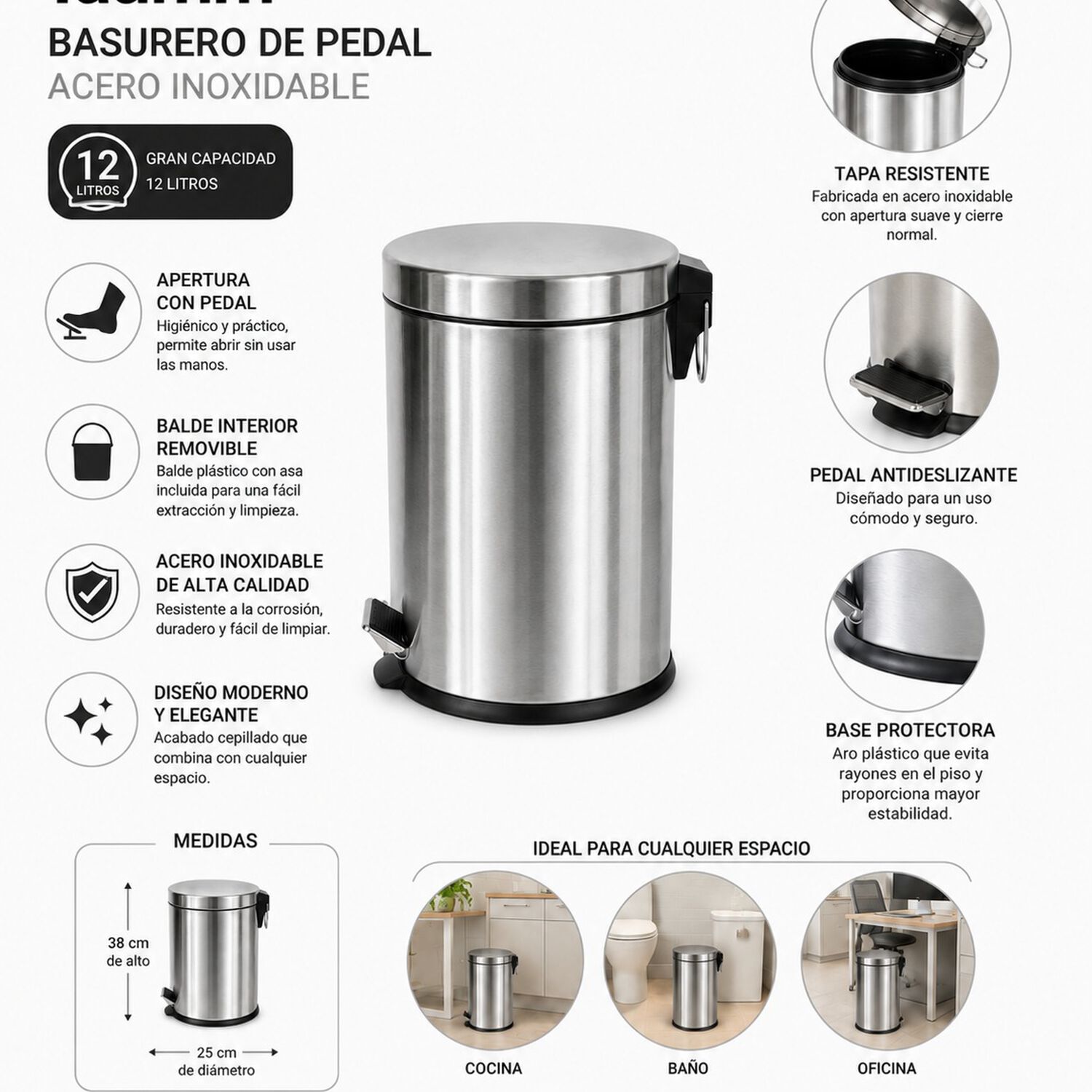 Basurero Pedal Acero Inoxidable 12 Litros Taumm Color Cromo image number 1.0