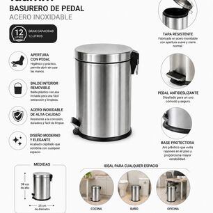 Basurero Pedal Acero Inoxidable 12 Litros Taumm Color Cromo