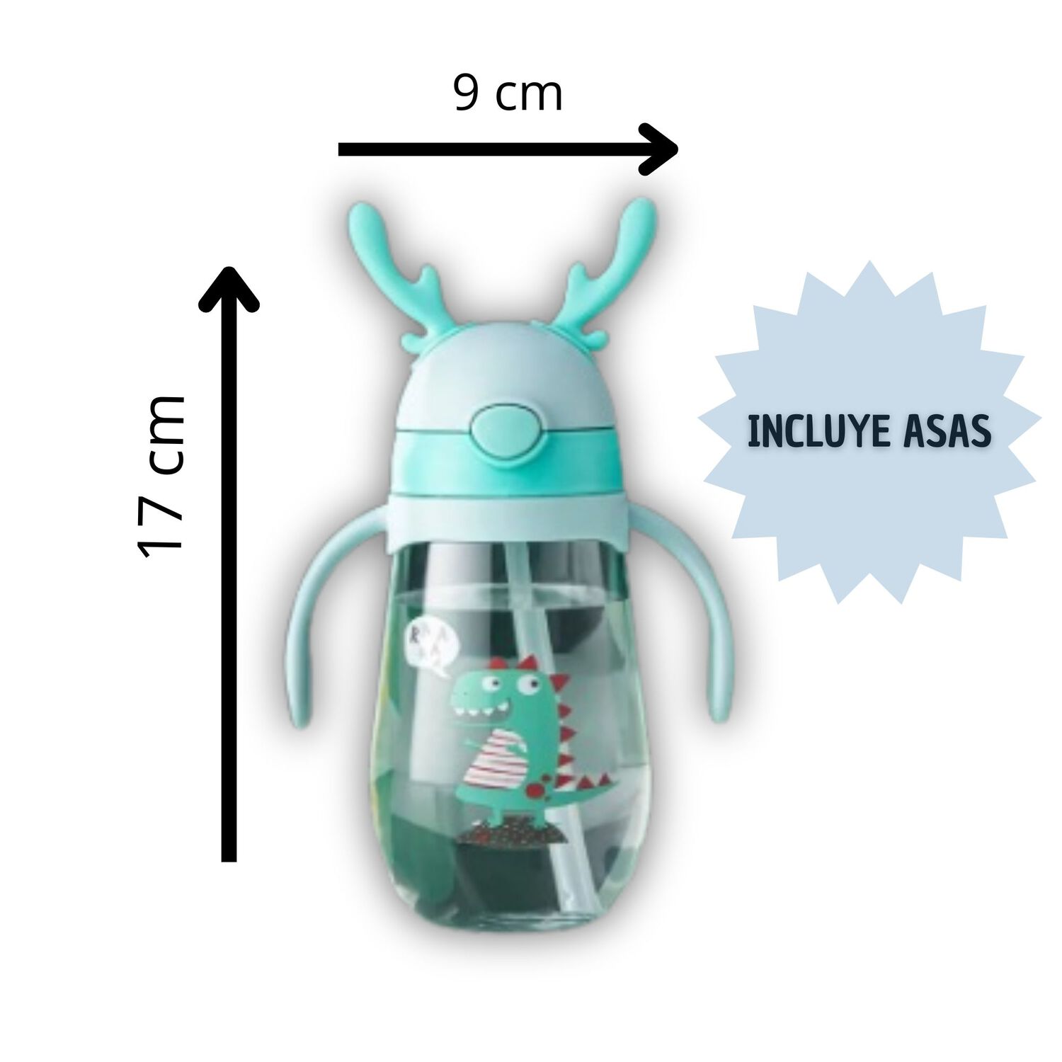 Botella Pl&aacute;stica 480 Ml Con Bombilla Y Orejitas Kawai Sin Bpa Ni&ntilde;os Dinosaur With Handles image number 2.0