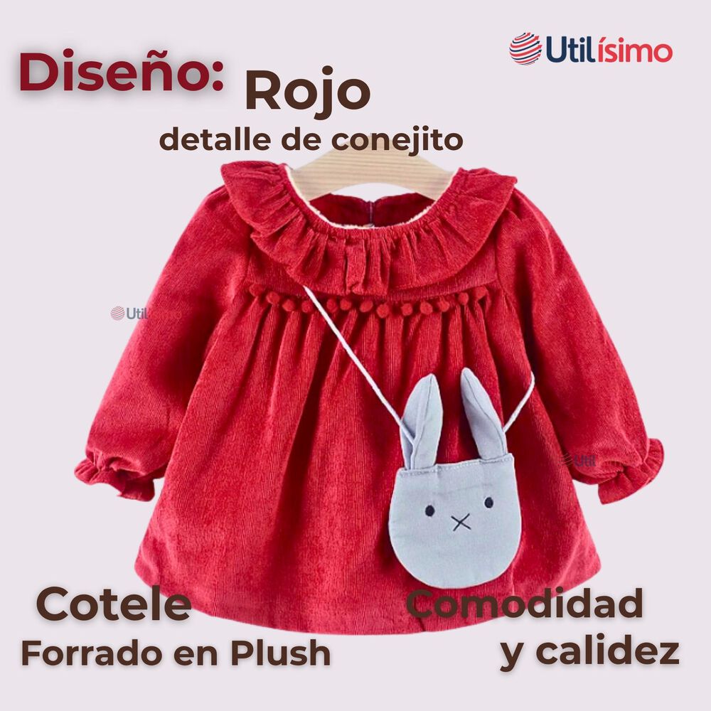 Vestido De Cotel&eacute; Con Bolso Conejo Forrado En Plush Ni&ntilde;a Color Rojo image number 1.0