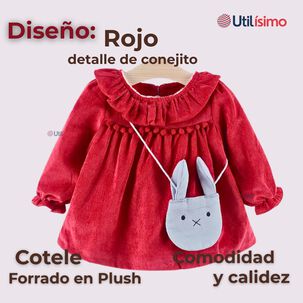 Vestido De Cotel&eacute; Con Bolso Conejo Forrado En Plush Ni&ntilde;a Color Rojo