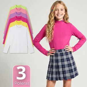 Pack 3 Poleras Camisetas Polar Primera Capa Cuello Beatle Manga Larga Colores Surtido Ni&ntilde;a