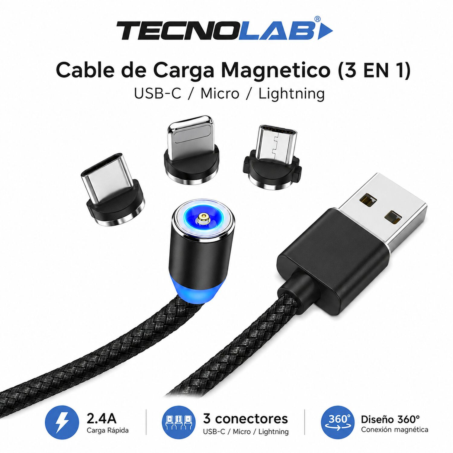 Cable De Carga Magnetico (3 En 1) Usb-c / Micro / Lightning image number 2.0