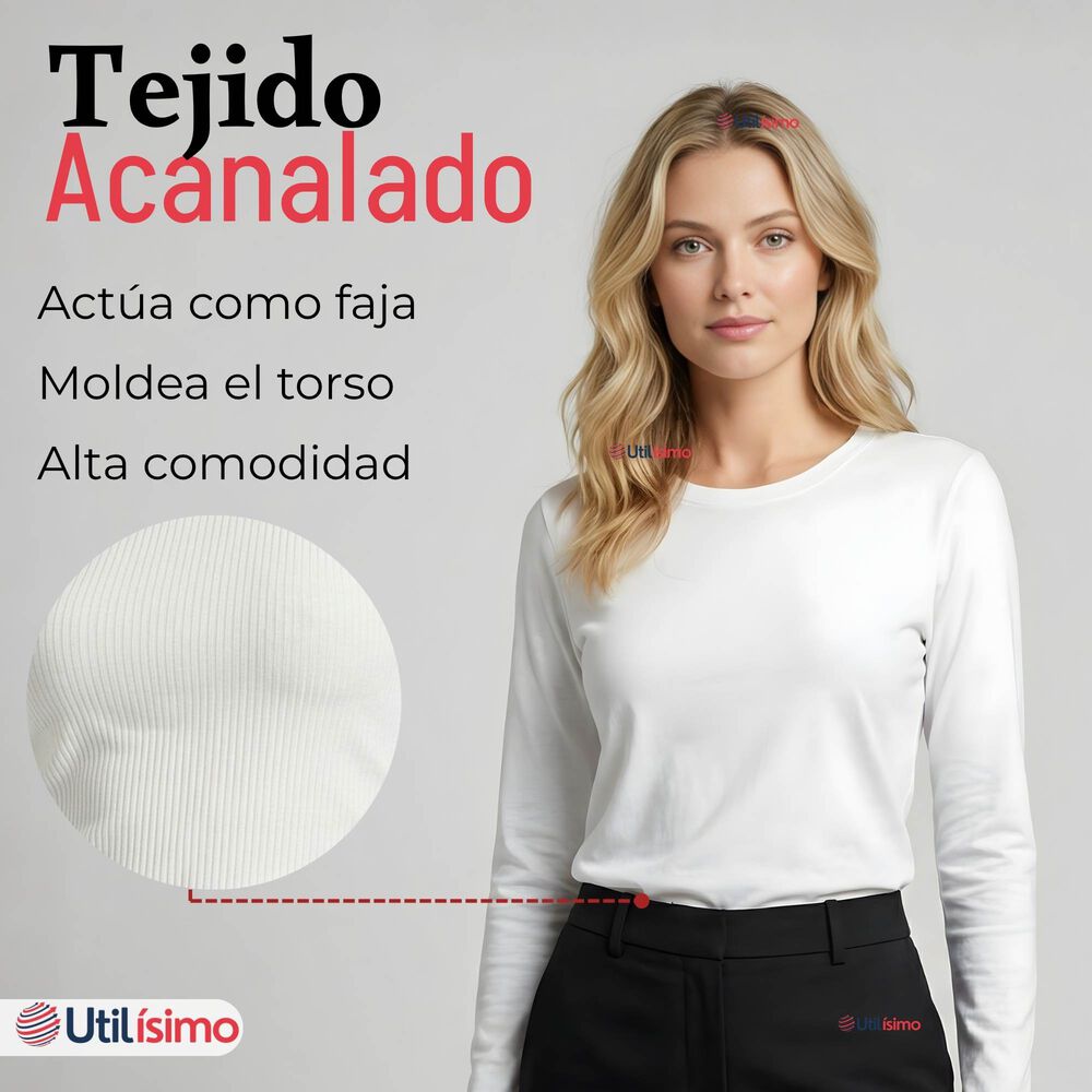 Camiseta Polar Polera Cuello Redondo Mujer Manga Larga Tela Acanalada Colores Surtidos image number 4.0