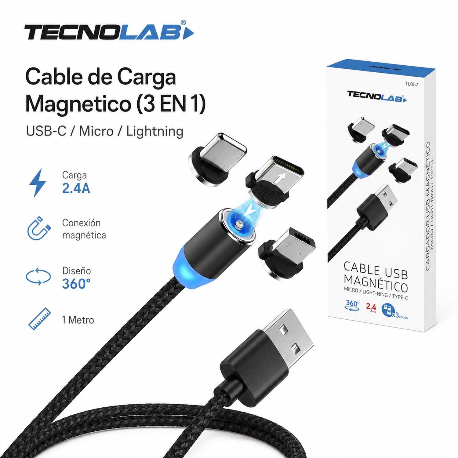 Cable De Carga Magnetico (3 En 1) Usb-c / Micro / Lightning image number 7.0