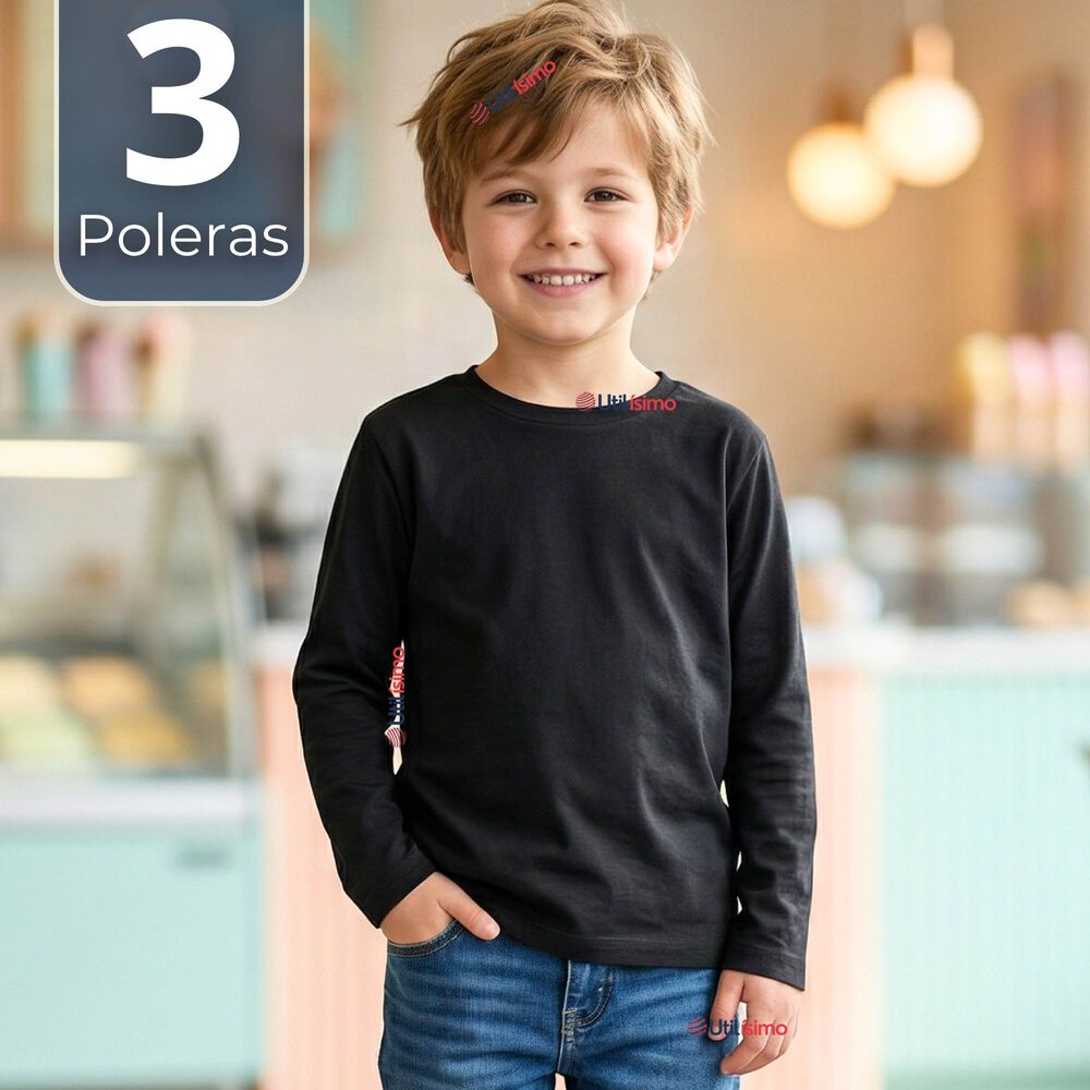 Pack 3 Poleras Camisetas Bamb&uacute; Negra Cuello Redondo Primera Capa Manga Larga Ni&ntilde;o image number 0.0