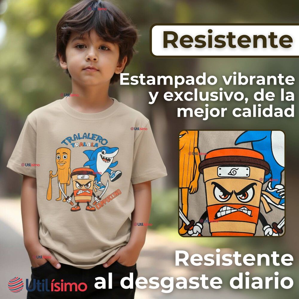 Polera Brainrots 100% Algodón Manga Corta Niño Tralalero Beige image number 3.0