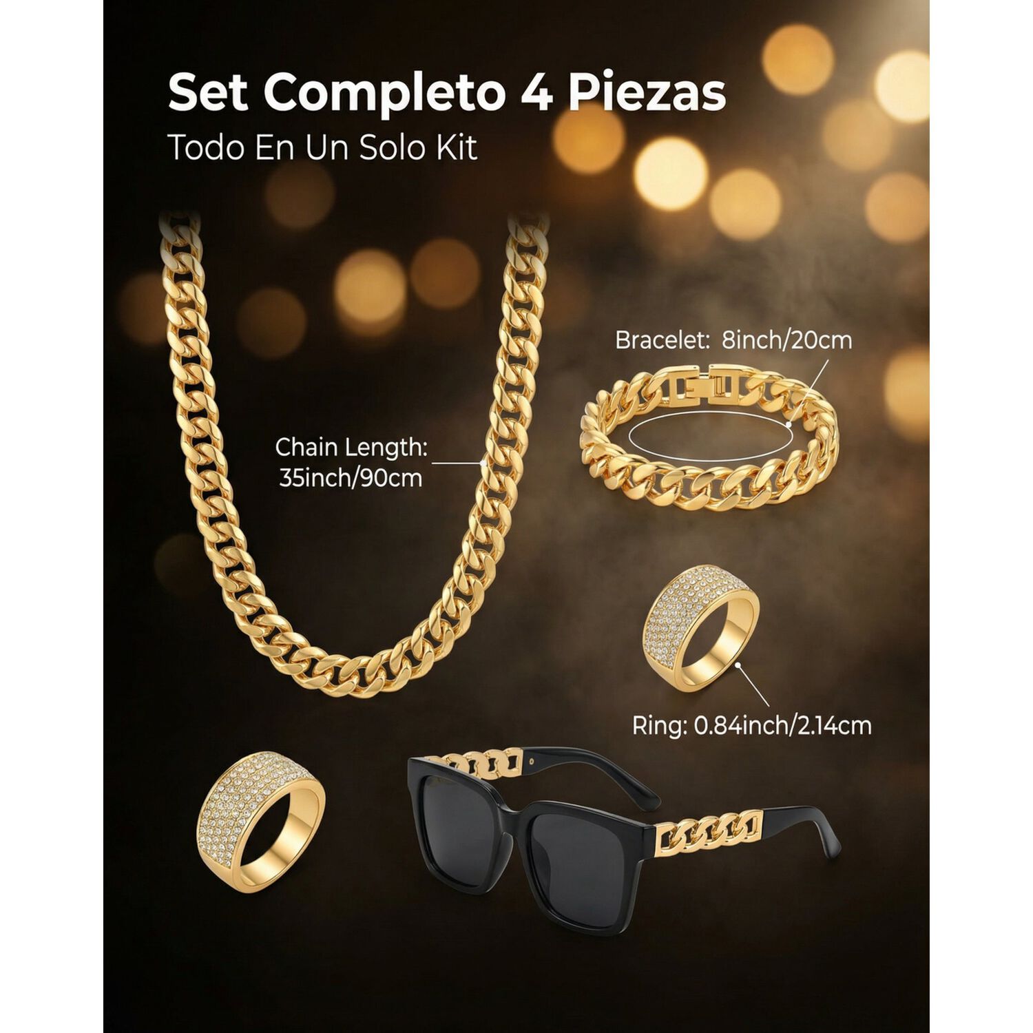 Set Accesorios Reggaet&oacute;n Con Cadena Lentes Pulsera Y Anillo image number 8.0