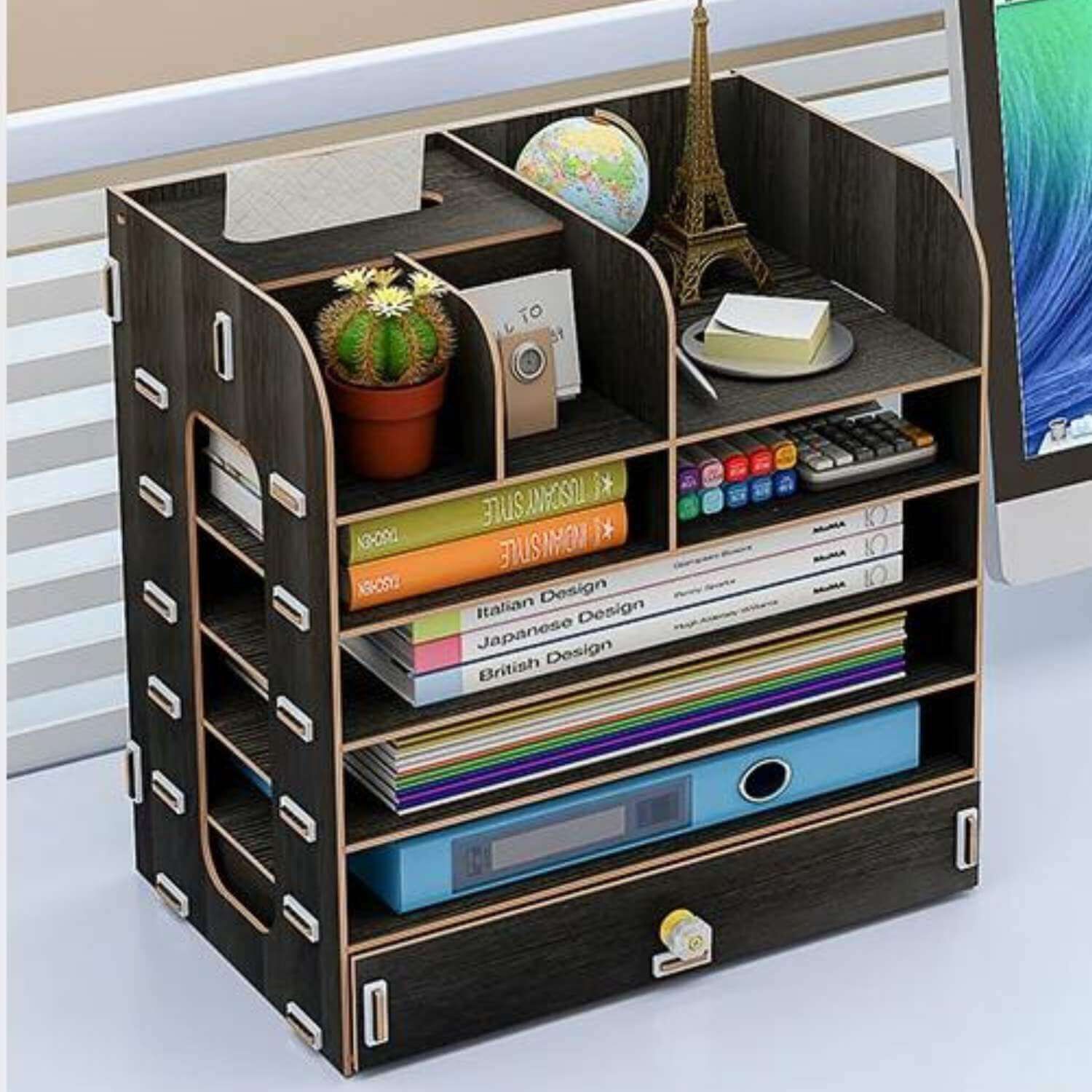 Organizador De Escritorio Multiuso De Madera Negro image number 3.0