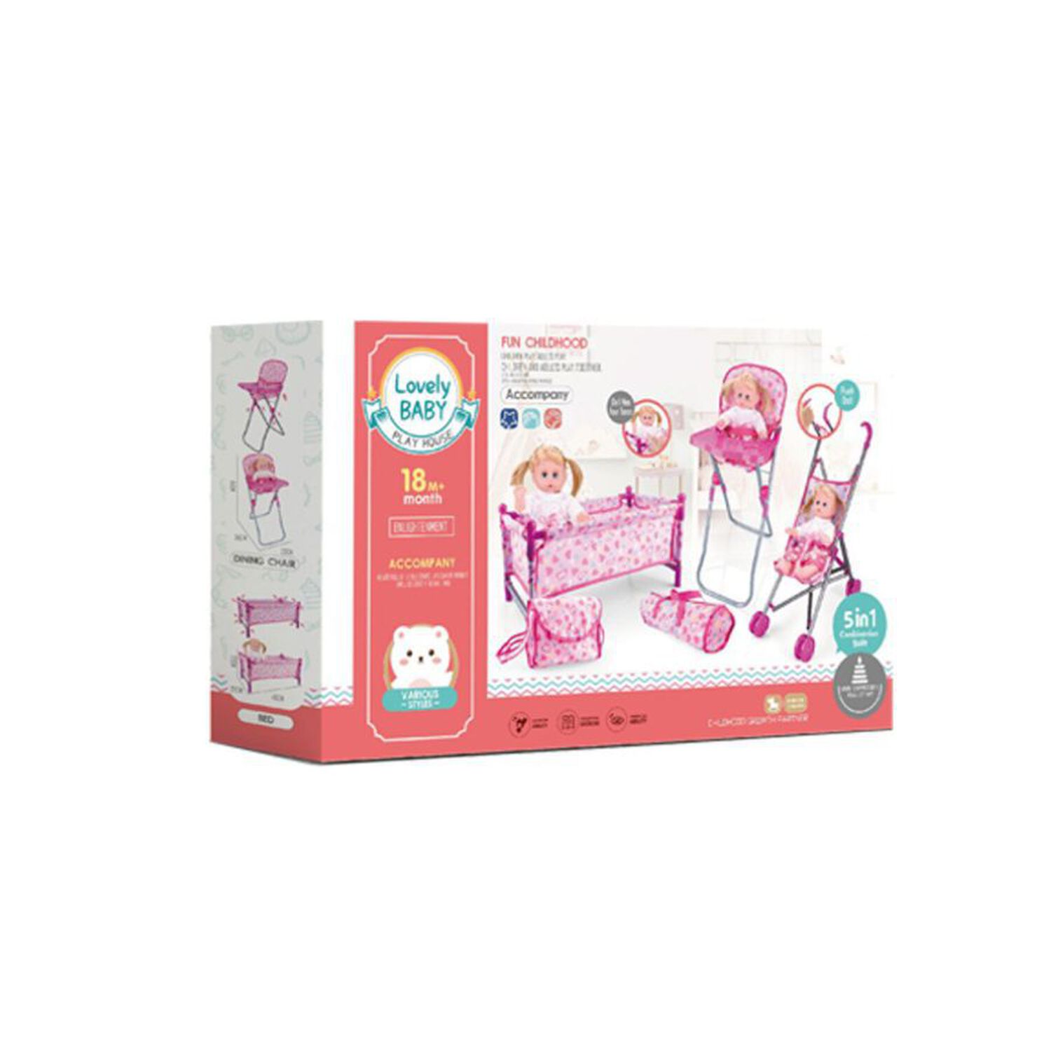Set Juego Mu&ntilde;ecas 5 En 1 Cuna Coche Silla Comedor Y Bolso image number 1.0