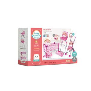 Set Juego Mu&ntilde;ecas 5 En 1 Cuna Coche Silla Comedor Y Bolso