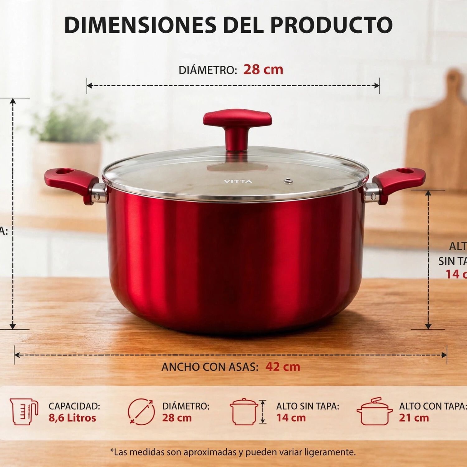 Olla Cacerola Antiadherente De Aluminio 28 Cm 8,6 Lts Con Tapa Modelo Rosso Marca Vitta image number 7.0