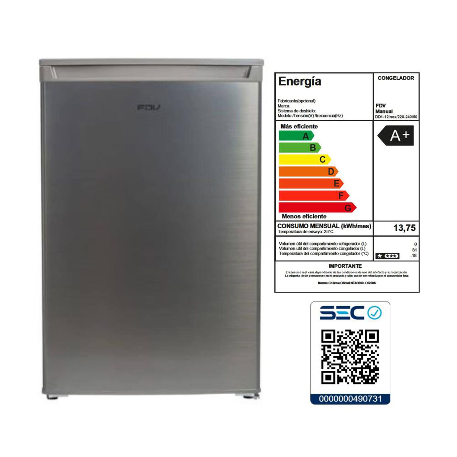 Freezer Vertical Fdv DD1-12-inox / Fr&iacute;o Directo / A+ image number 3.0