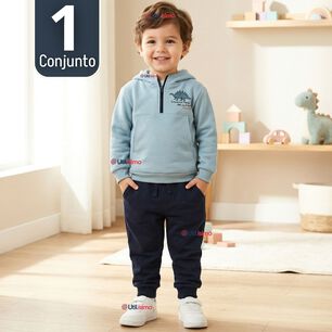 Conjunto 2 Piezas Buzo Pantal&oacute;n Y Poler&oacute;n Con Capucha Azul Dinosaurio Ni&ntilde;o