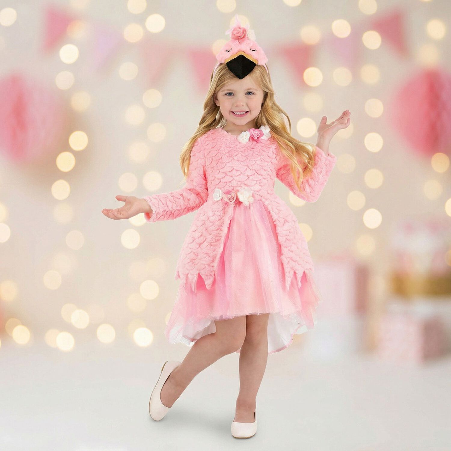 Disfraz Infantil De Flamenco Con Vestido Y Tocado De Ave, Perfecto Para Presentaciones, Carnaval, Halloween Y Fiestas Tem&aacute;ticas image number 0.0