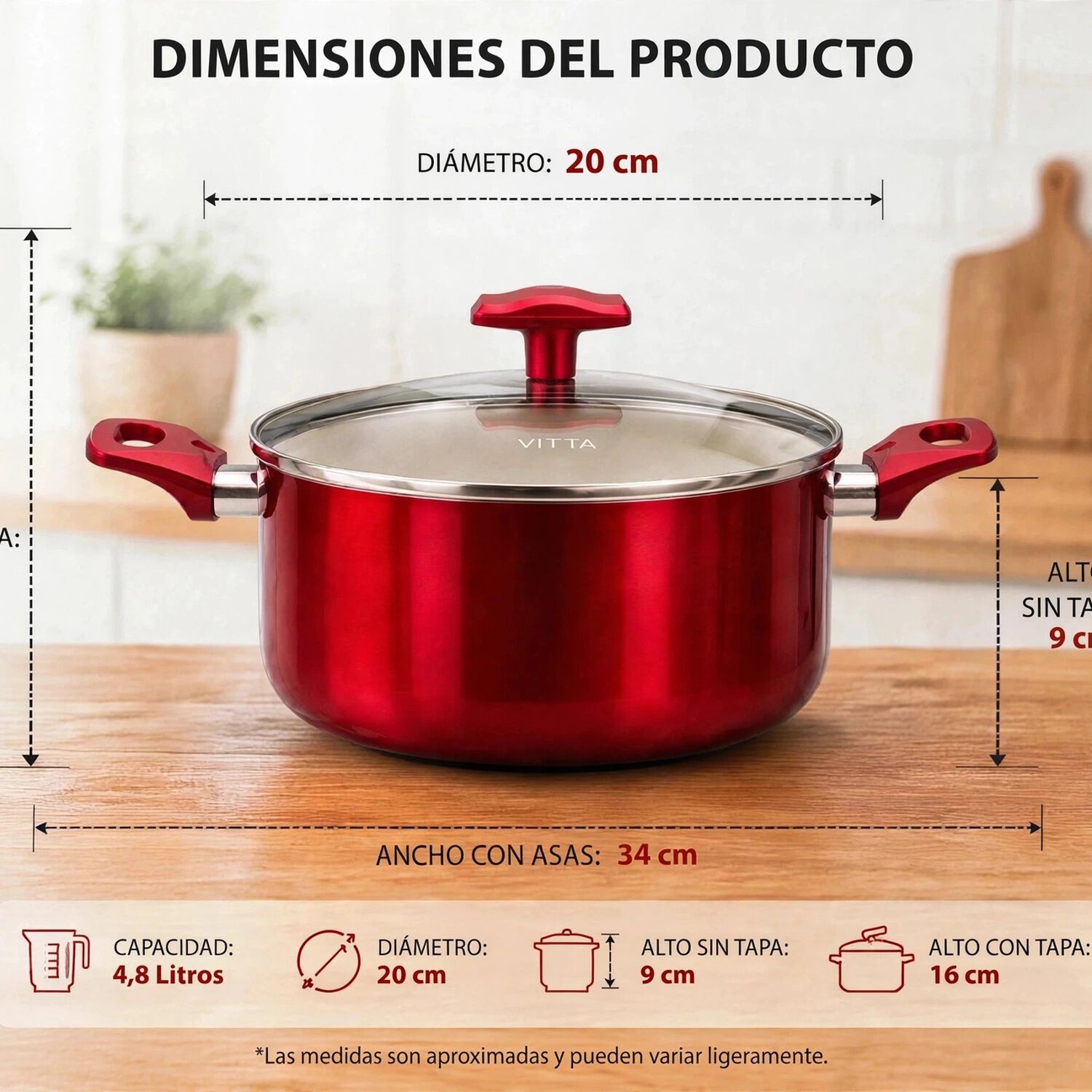 Olla Cacerola Antiadherente De Aluminio 20 Cm 4,8 Lts Con Tapa Modelo Rosso Marca Vitta image number 7.0
