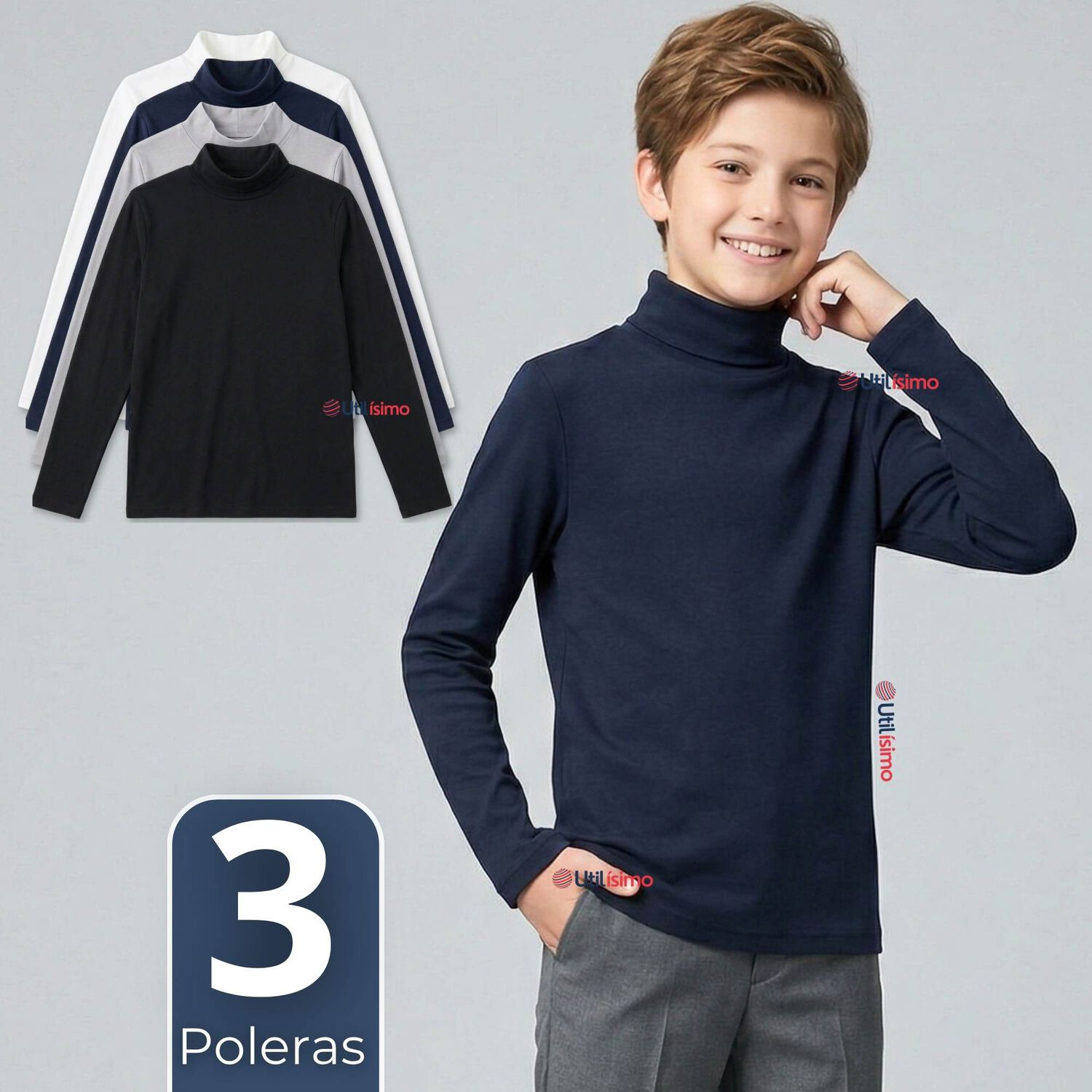 Pack 3 Poleras Camisetas Polar Primera Capa Beatle Manga Larga Colores Surtido Ni&ntilde;o image number 0.0