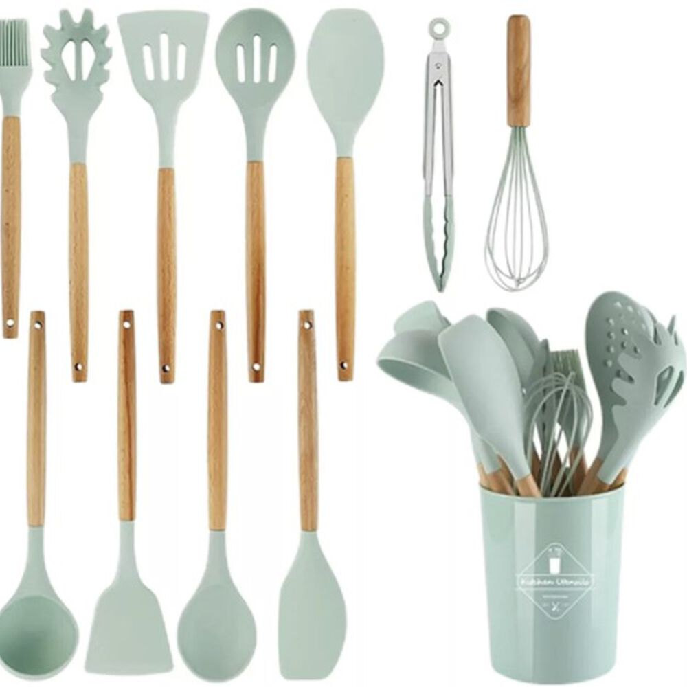 Set 12 Utensilios Cocina Mango Silicona Y Madera Repostería Verde image number 0.0