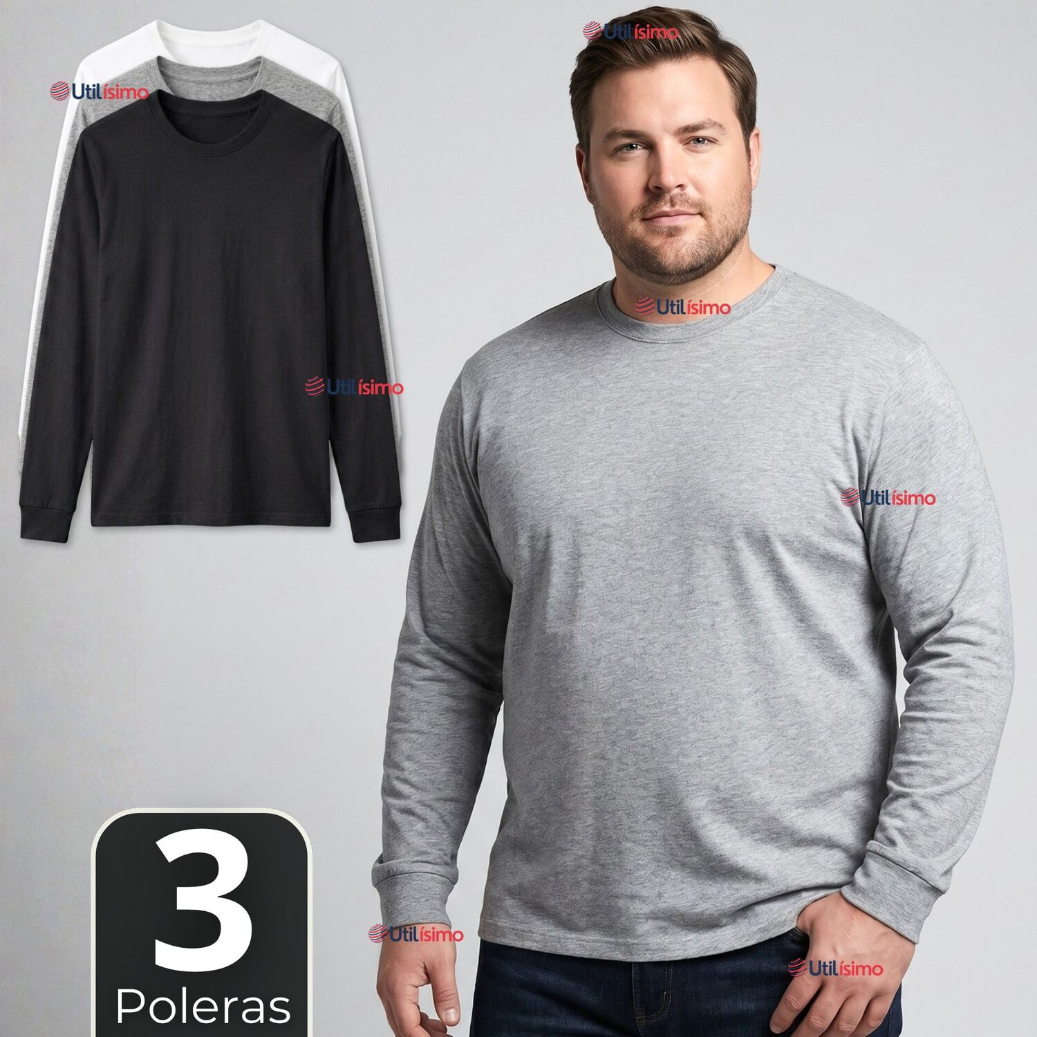 Pack 3 Camisetas Poleras Algod&oacute;n Manga Larga Cuello Redondo Primera Capa Hombre image number 0.0