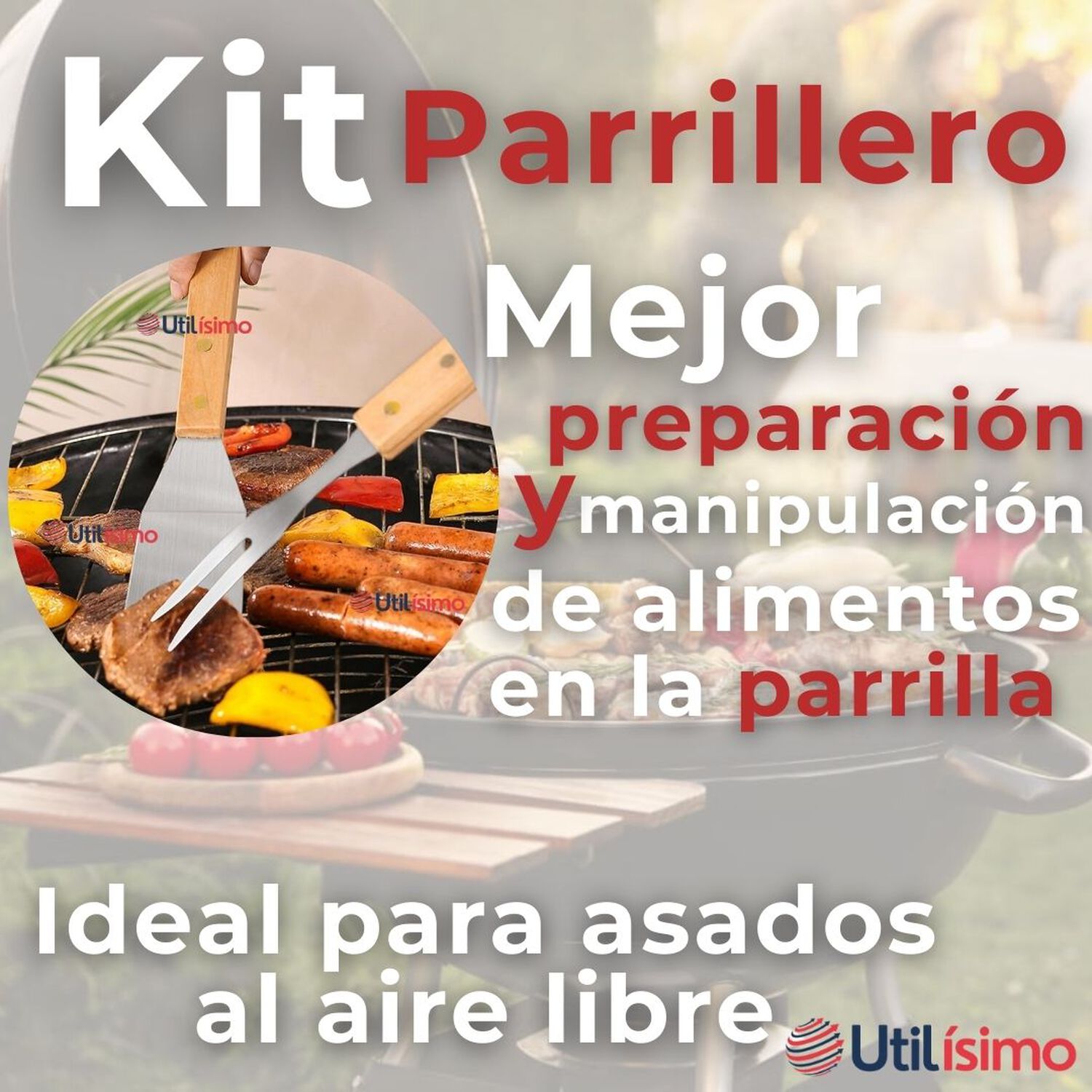 Kit Parrillero 3 Piezas Pinza Esp&aacute;tula Tenedor Para Asados Mango Madera Acero Inoxidable image number 2.0