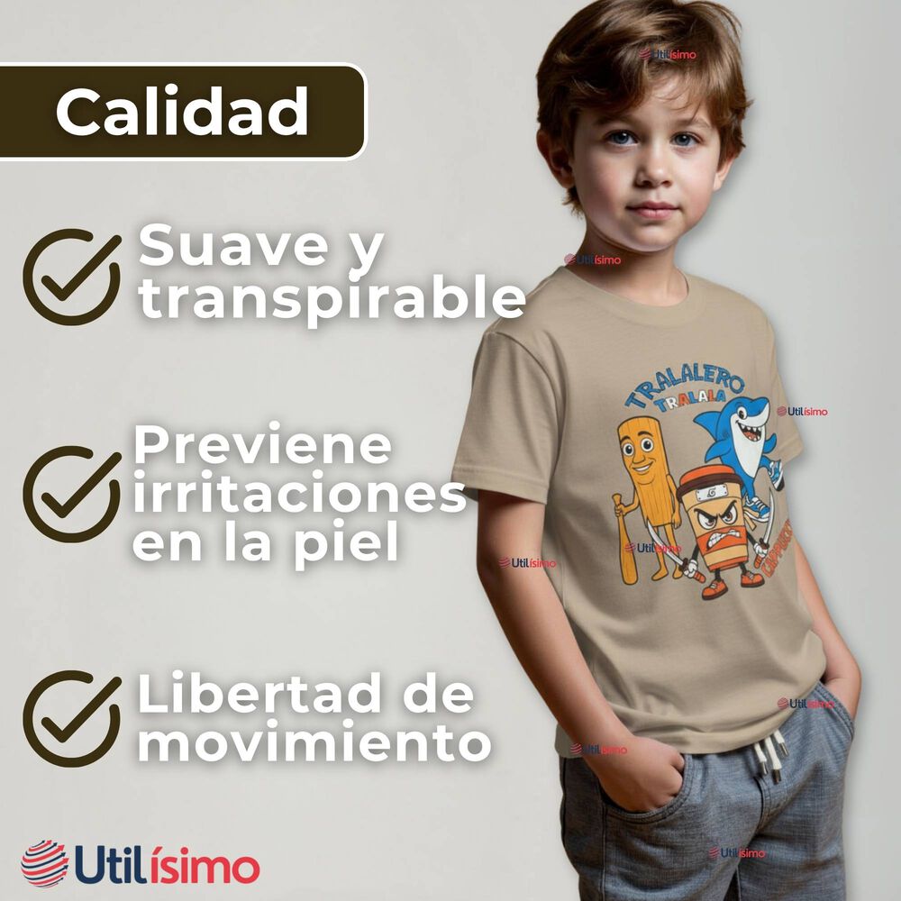 Polera Brainrots 100% Algodón Manga Corta Niño Tralalero Beige image number 4.0