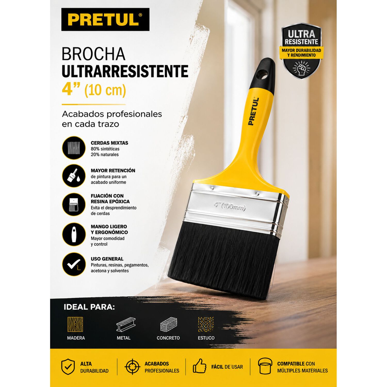 Brocha Para Pintar Ultraresistente 4(10cm) Pretul (truper) image number 3.0