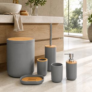 Set De Ba&ntilde;o 6 Piezas Moderno Gris Con Bamb&uacute; Incluye Basurero Y Dispensador