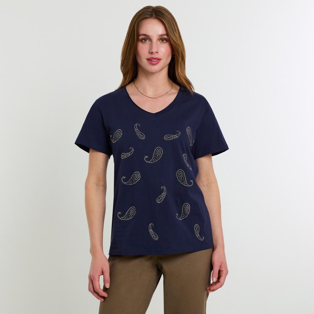 Polera Lisa Con Estampado Manga Corta Cuello V Mujer Lesage image number 0.0