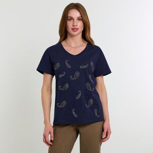 Polera Lisa Con Estampado Manga Corta Cuello V Mujer Lesage