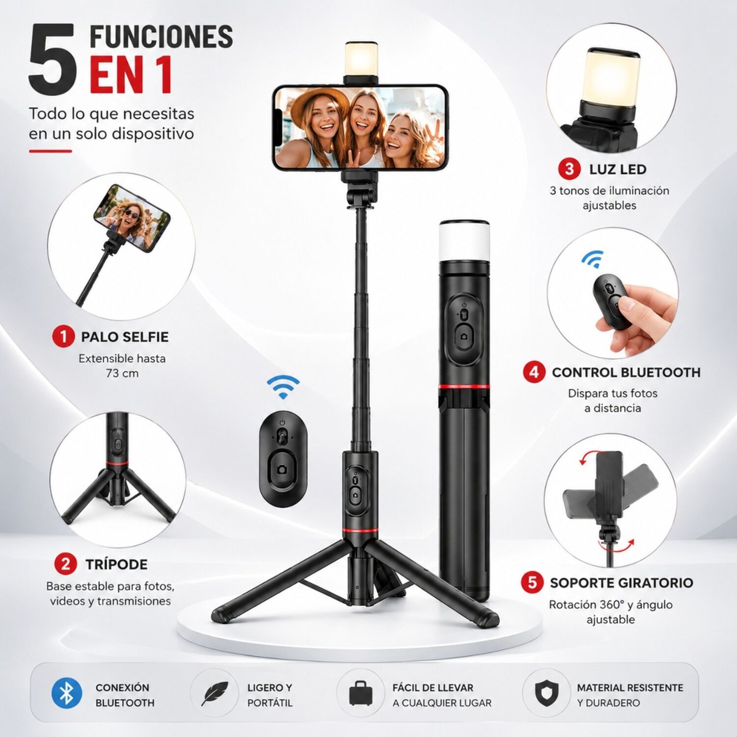 Palo Selfie Tr&iacute;pode Bluetooth Control Remoto Luz Led image number 1.0
