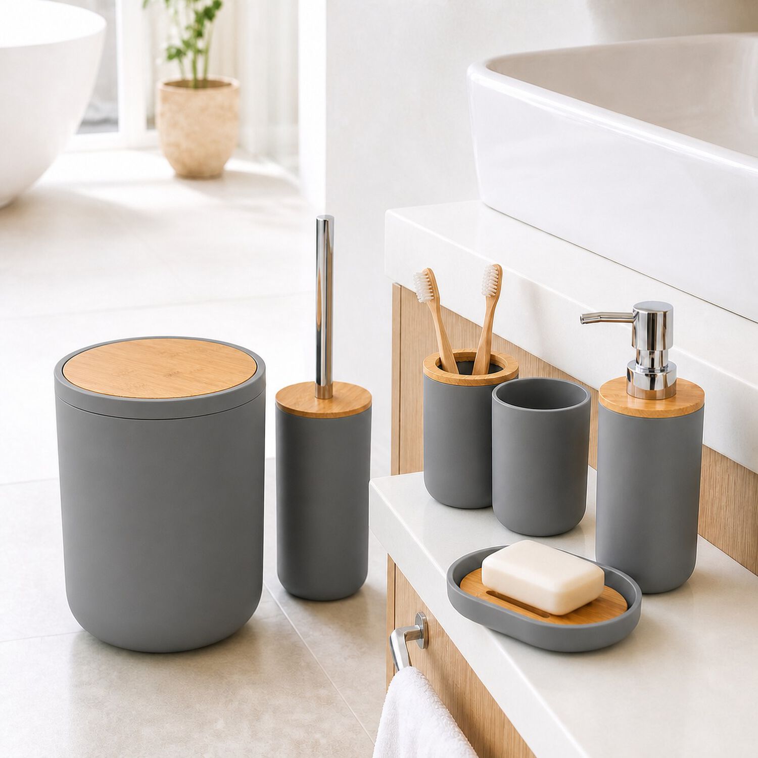 Set De Ba&ntilde;o 6 Piezas Moderno Gris Con Bamb&uacute; Incluye Basurero Y Dispensador image number 5.0